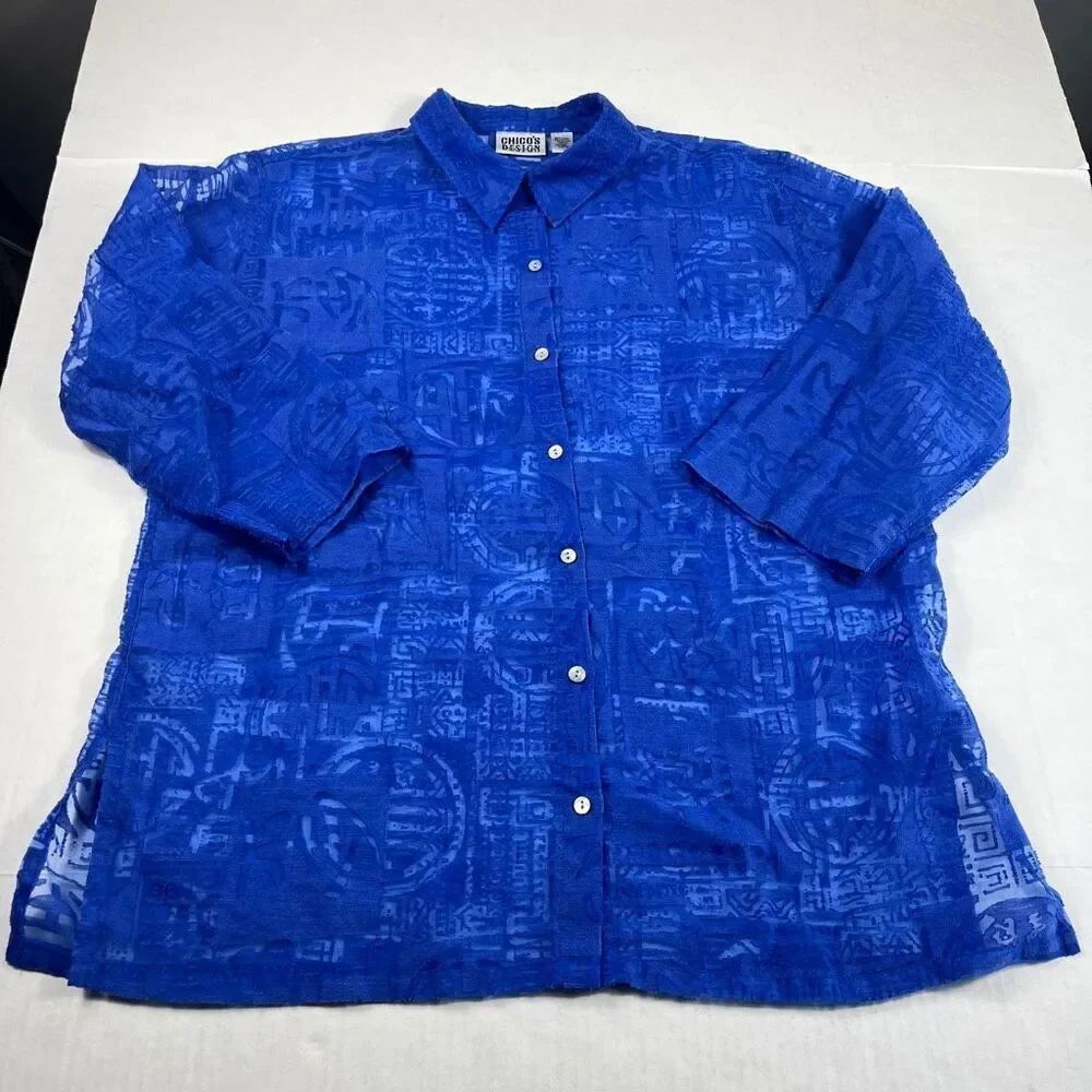 Chicos Sheer Button Down Shirt Bold Cobalt 3/4 Sleeve Artsy Breathable Top 3 XL